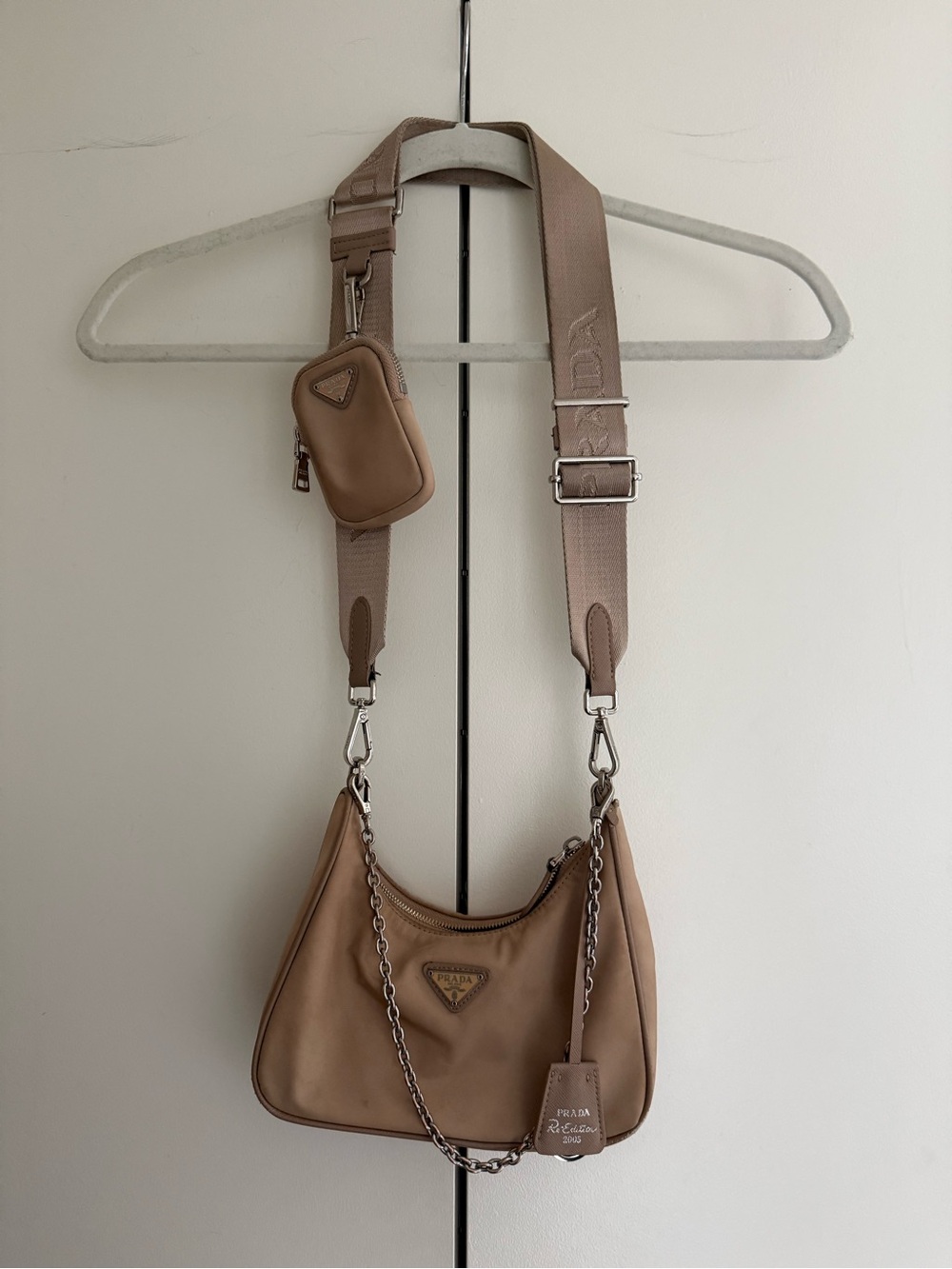 Prada Taupe Nylon Shoulder Bag with Detachable Strap